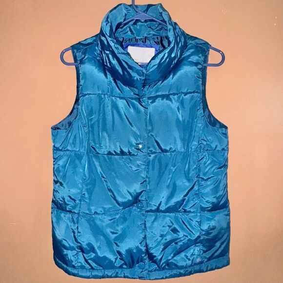 Old Navy Women's Metallic Blue Down Vest - Size Medium - Picture 1 of 8